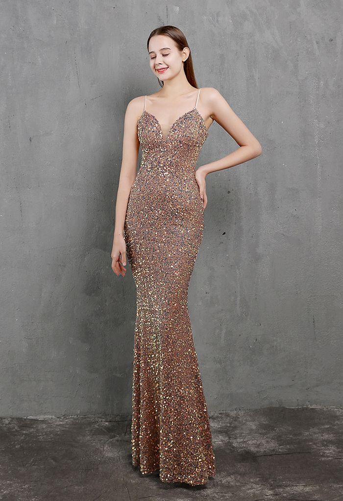 Mesh Inserted Sequined Mermaid Cami Gown in Brown
