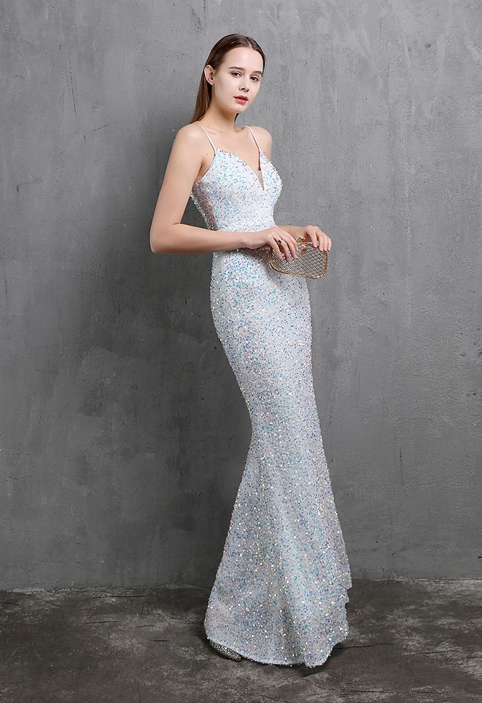 Mesh Inserted Sequined Mermaid Cami Gown in White