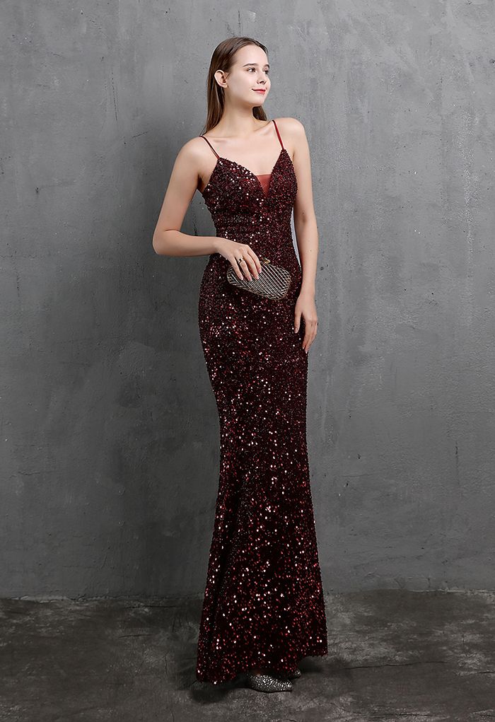 Mesh Inserted Sequined Mermaid Cami Gown in Burgundy