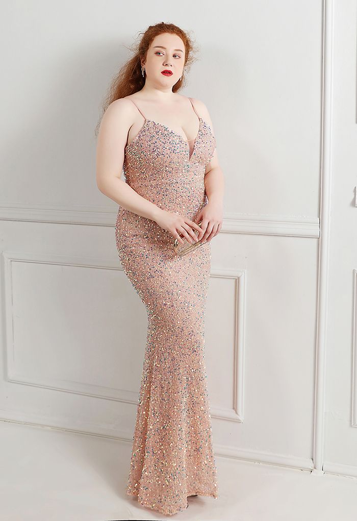 Mesh Inserted Sequined Mermaid Cami Gown in Pink
