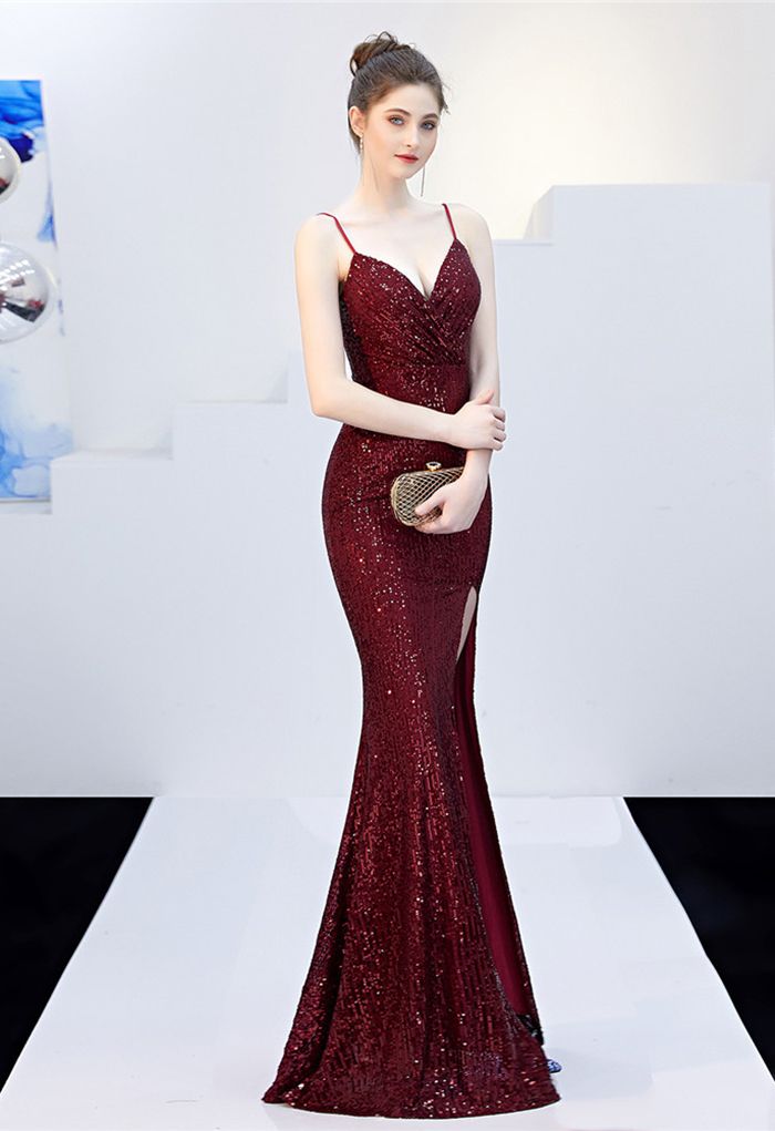 Split Side Sequined Wrap Cami Gown in Burgundy