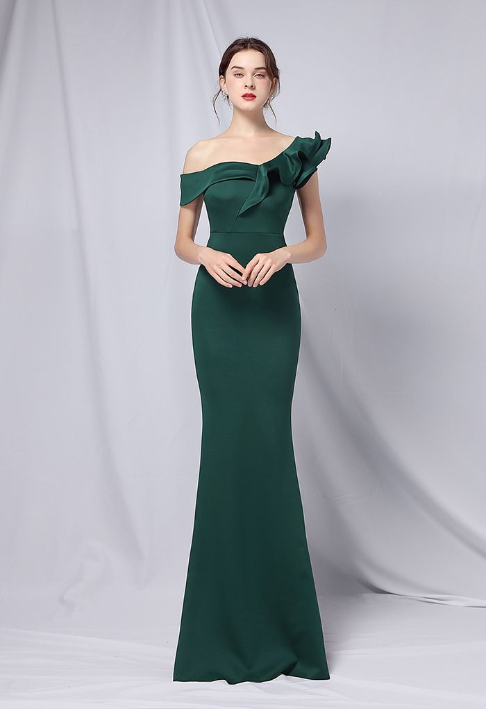 Ruffle One-Shoulder Mermaid Satin Gown in Emerald - Retro, Indie and ...