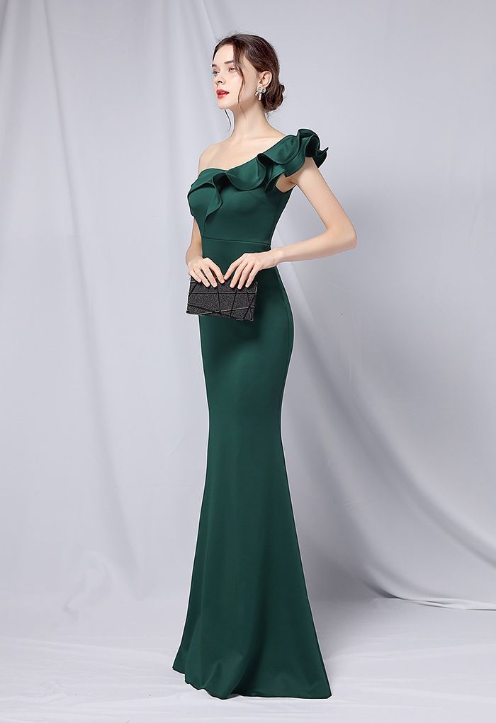 Ruffle One-Shoulder Mermaid Satin Gown in Emerald