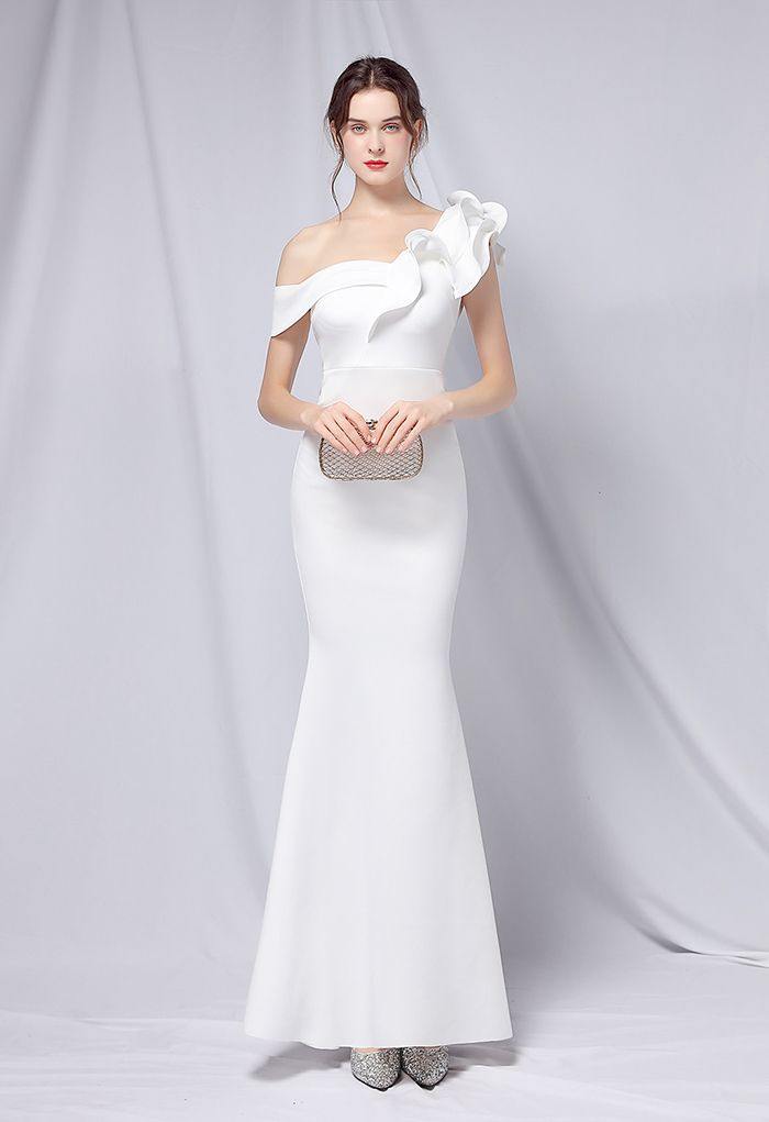 Ruffle One-Shoulder Mermaid Satin Gown in White