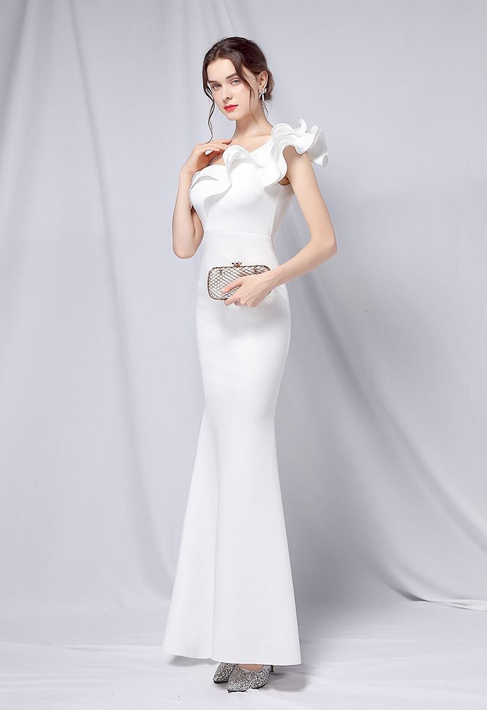 Ruffle One-Shoulder Mermaid Satin Gown in White