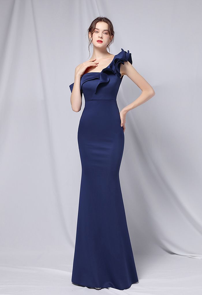 Ruffle One-Shoulder Mermaid Satin Gown in Navy - Retro, Indie and ...