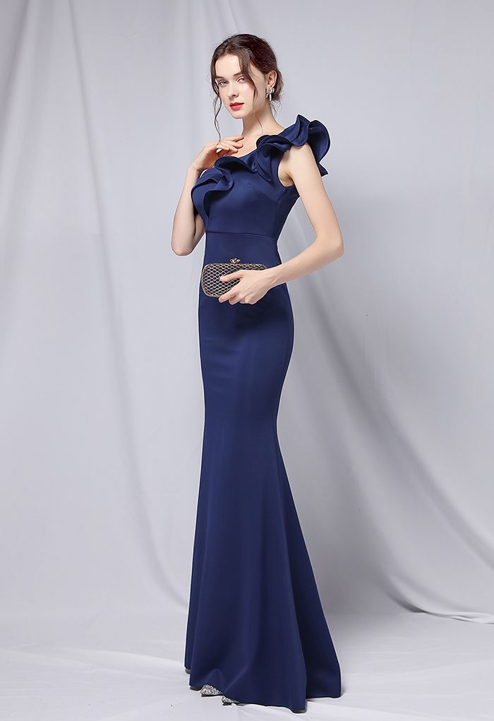 Ruffle One-Shoulder Mermaid Satin Gown in Navy - Retro, Indie and ...