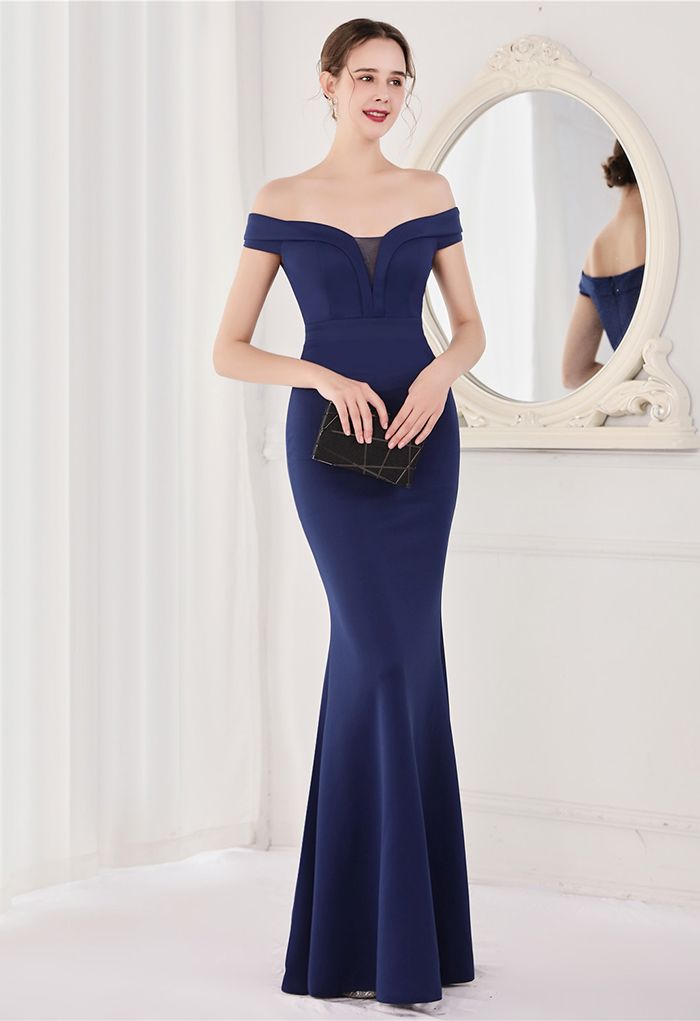 Off-Shoulder Mesh Inserted Satin Gown in Navy