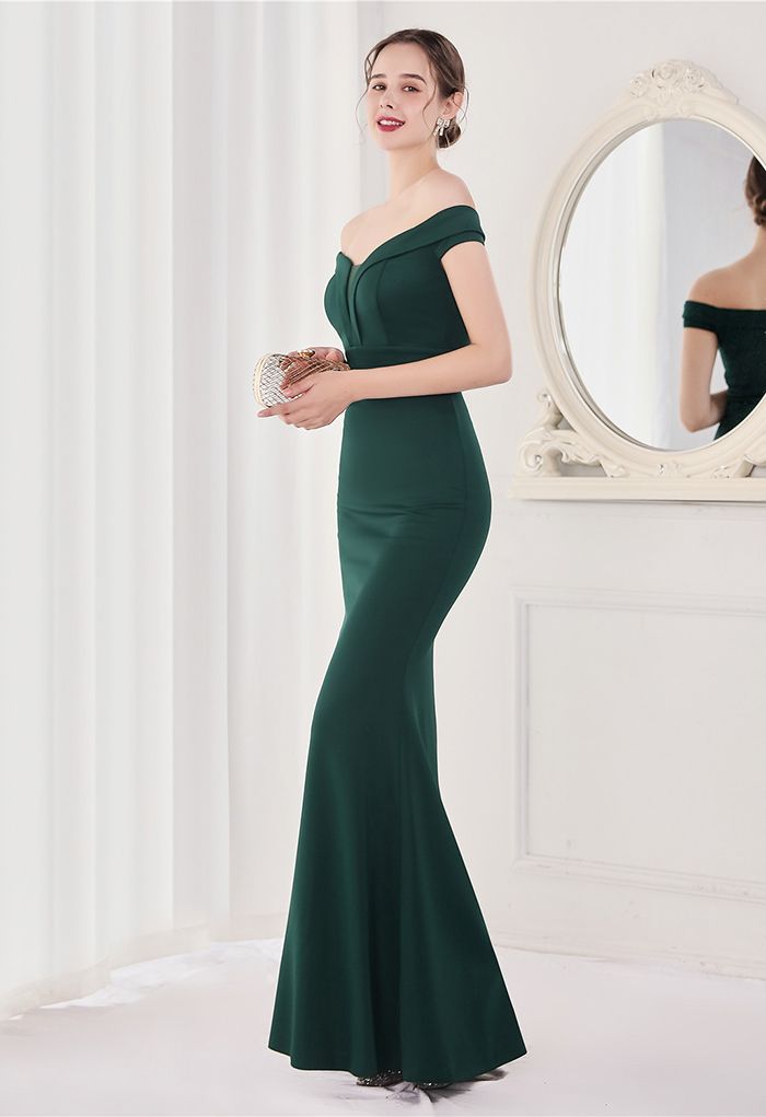 Off-Shoulder Mesh Inserted Satin Gown in Emerald