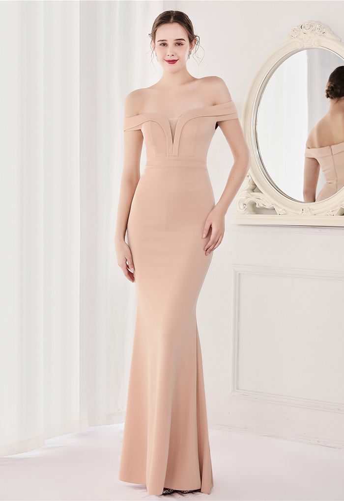 Off-Shoulder Mesh Inserted Satin Gown in Light Tan - Retro, Indie and ...