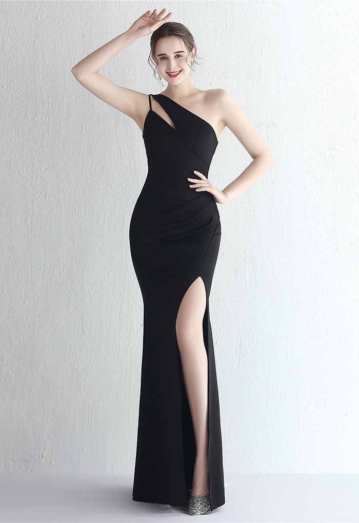 Cutout One-Shoulder Split Gown in Black - Retro, Indie and Unique Fashion