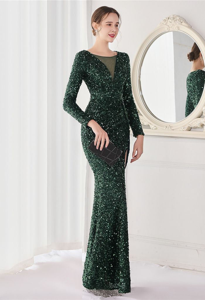Side Slit Mesh V-Neck Sequined Gown in Emerald