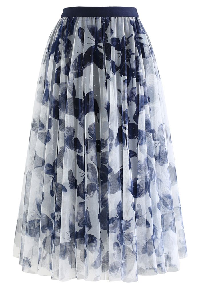 Butterfly Shadow Sequins Velvet Tulle Skirt in Blue
