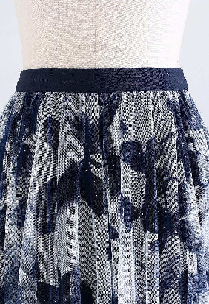 Butterfly Shadow Sequins Velvet Tulle Skirt in Blue