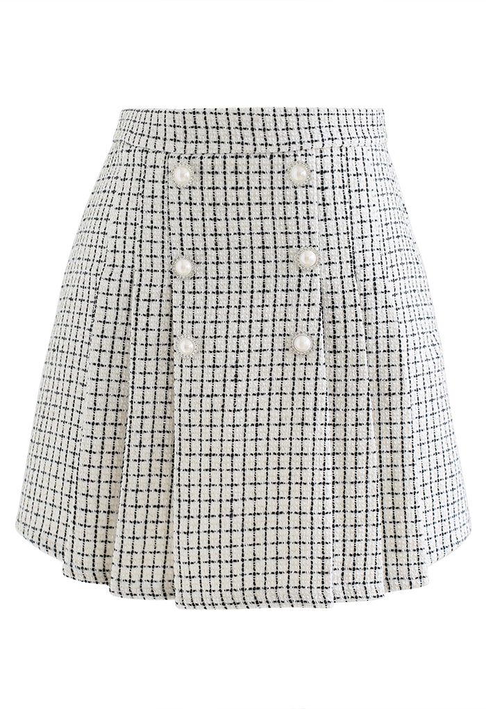 Pearl Button Check Tweed Mini Skirt in White