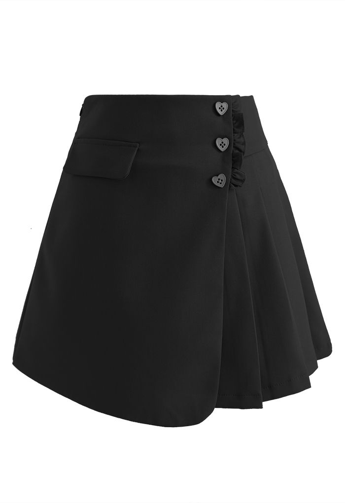 Heart Shape Buttons Pleated Mini Skirt in Black - Retro, Indie and ...