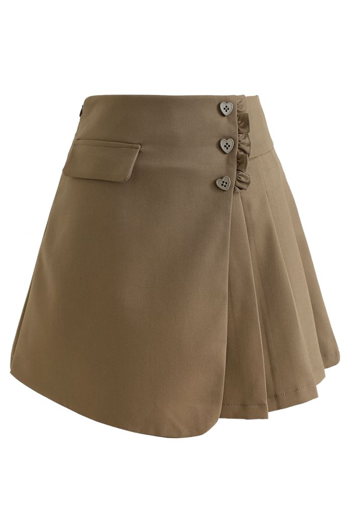 Heart Shape Buttons Pleated Mini Skirt in Brown - Retro, Indie and ...
