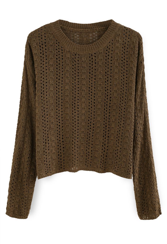 Hollow Out Dots Slouchy Knit Top in Brown