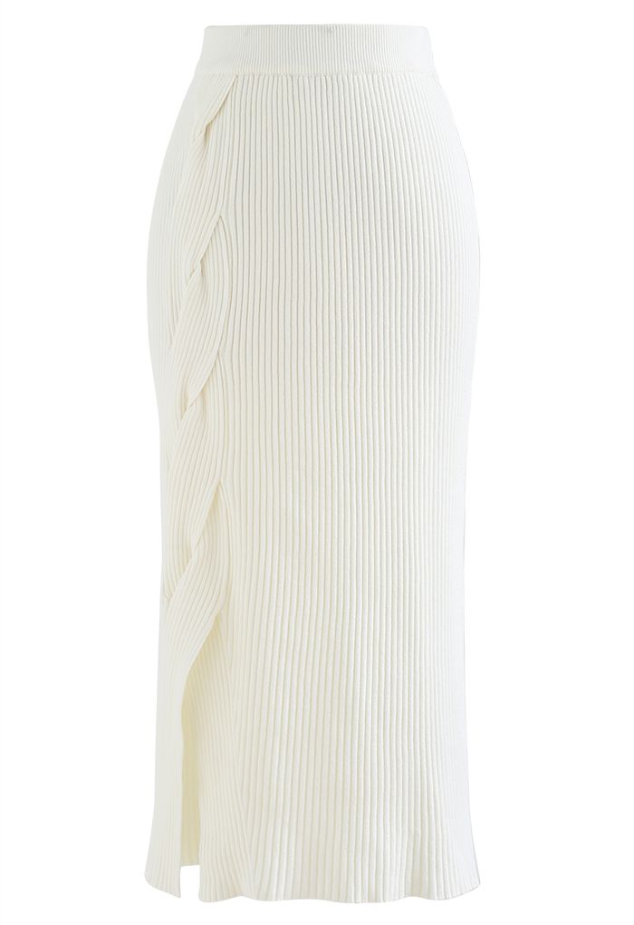 Side Twist Knitted Pencil Skirt in White - Retro, Indie and Unique Fashion