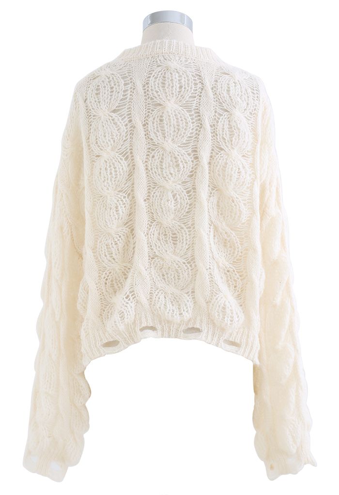 Ultra-Soft Hollow Out Cable Knit Sweater in Ivory