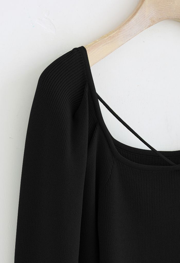 Cutout V-Neck Puff Sleeves Crop Knit Top in Black - Retro, Indie and ...