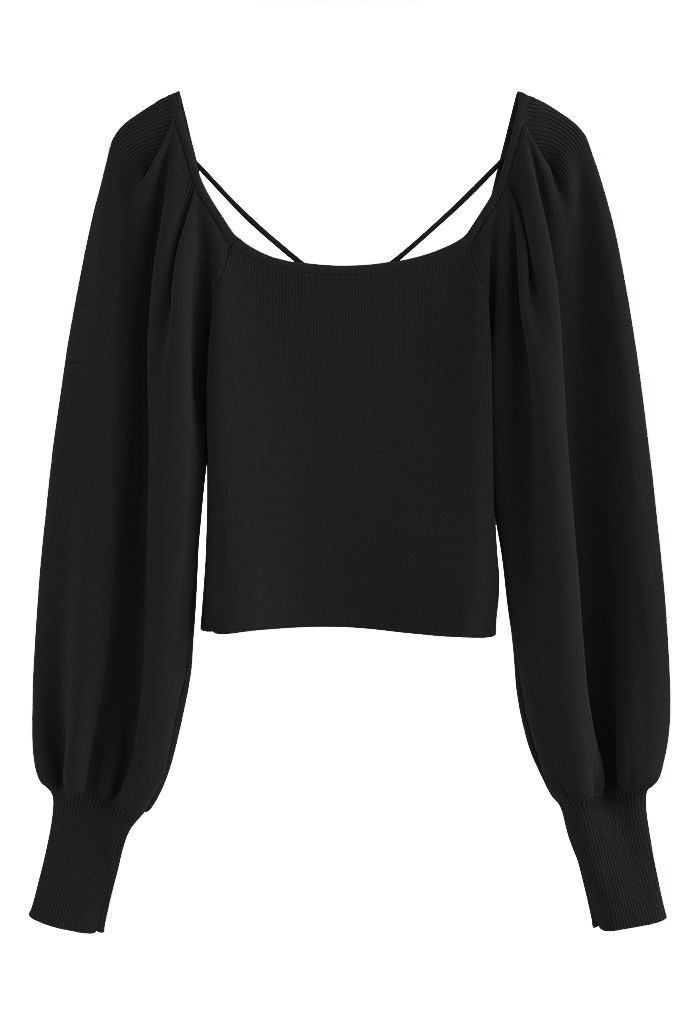 Cutout V-Neck Puff Sleeves Crop Knit Top in Black - Retro, Indie and ...