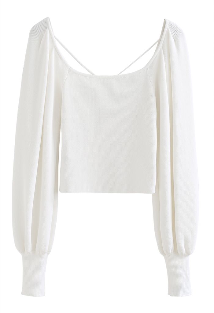 Cutout V-Neck Puff Sleeves Crop Knit Top in White - Retro, Indie and ...