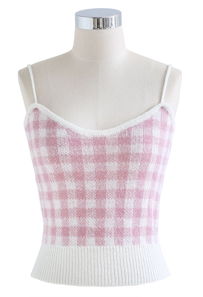 Gingham Cami Knit Top and Cardigan Set in Pink