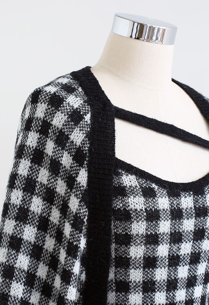 Gingham Cami Knit Top and Cardigan Set in Black