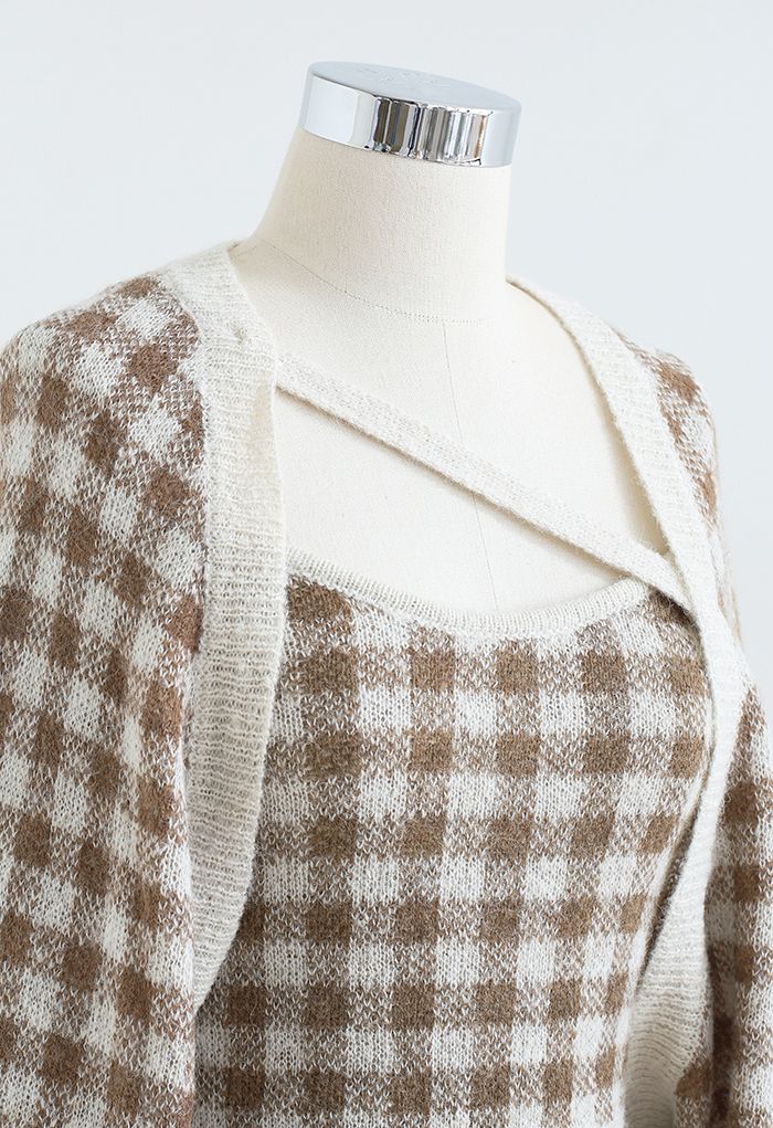 Gingham Cami Knit Top and Cardigan Set in Camel