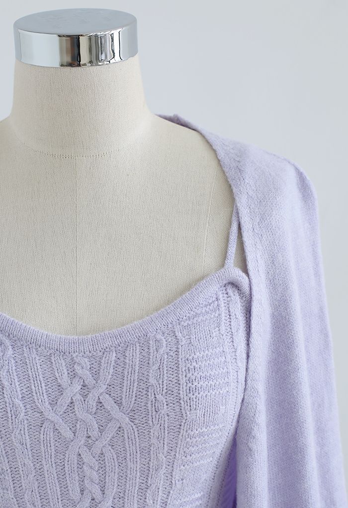 Cable Knit Cami Top and Crop Cardigan Set in Lilac