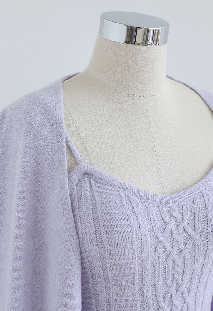 Cable Knit Cami Top and Crop Cardigan Set in Lilac