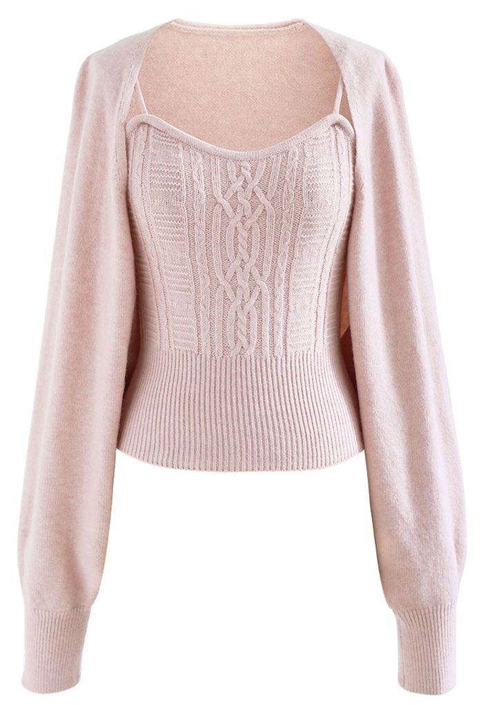 Cable Knit Cami Top and Crop Cardigan Set in Pink