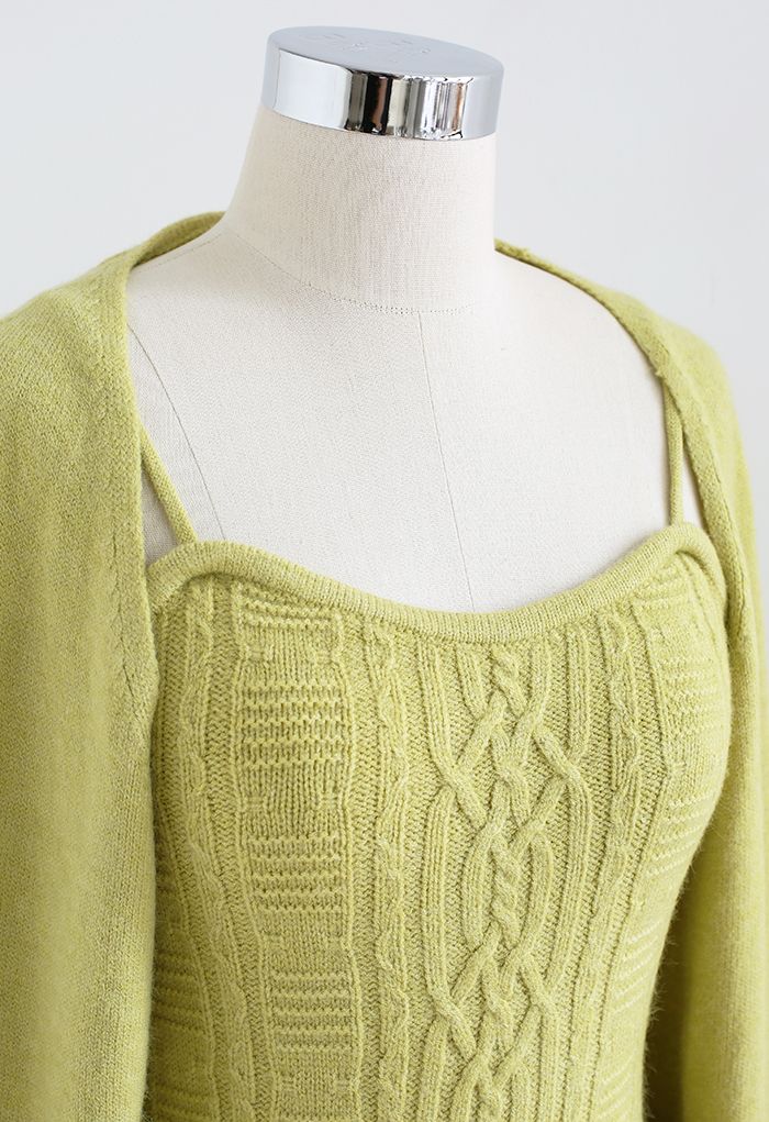 Cable Knit Cami Top and Crop Cardigan Set in Moss Green
