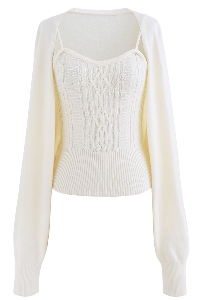 Cable Knit Cami Top and Crop Cardigan Set in Cream