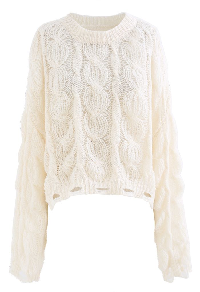 Ultra-Soft Hollow Out Cable Knit Sweater in Ivory
