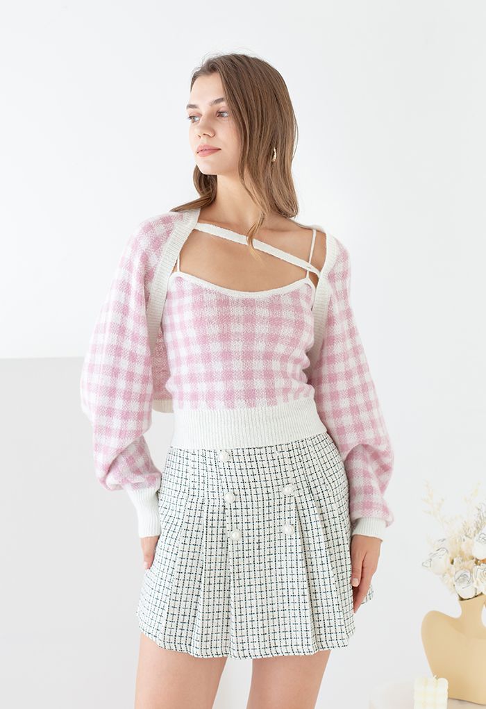 Gingham Cami Knit Top and Cardigan Set in Pink