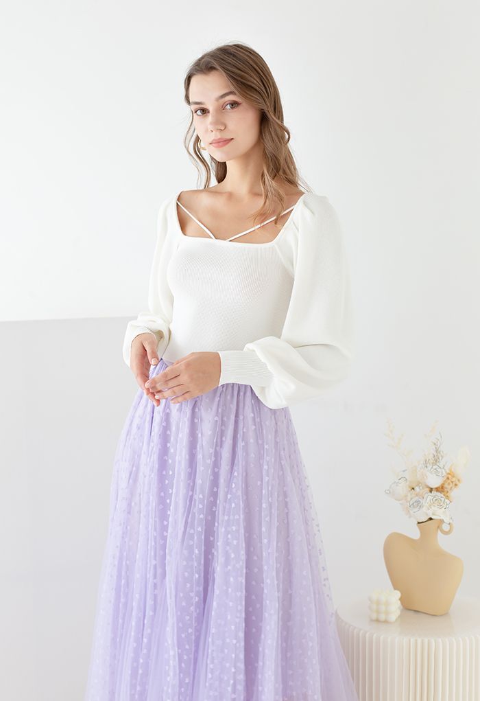 Cutout V-Neck Puff Sleeves Crop Knit Top in White