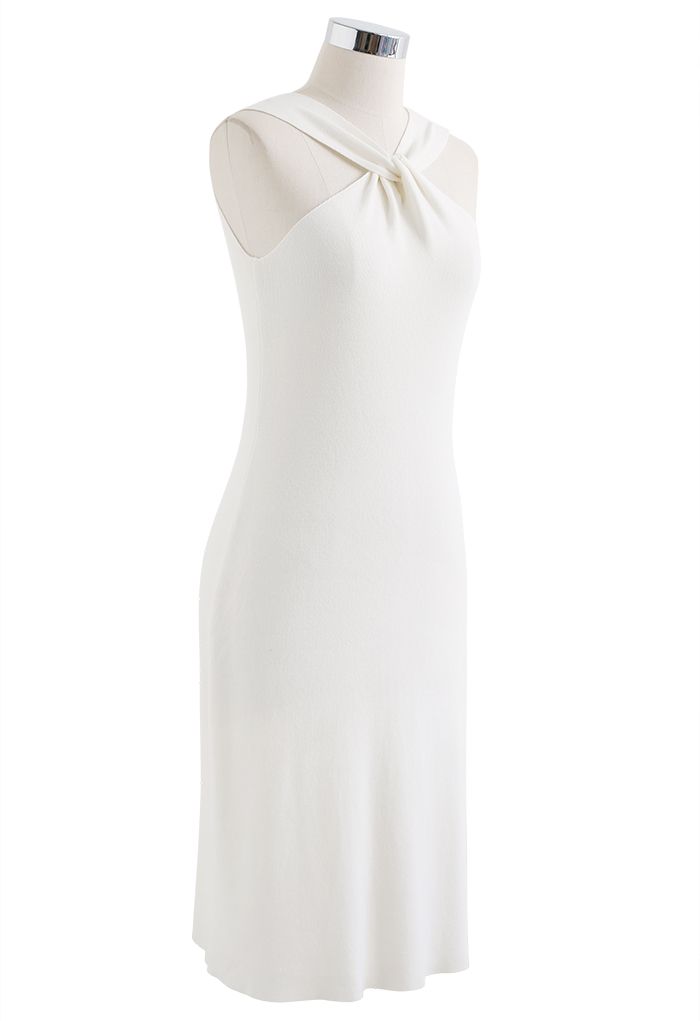 Crisscross Halter Neck Fitted Knit Dress in White