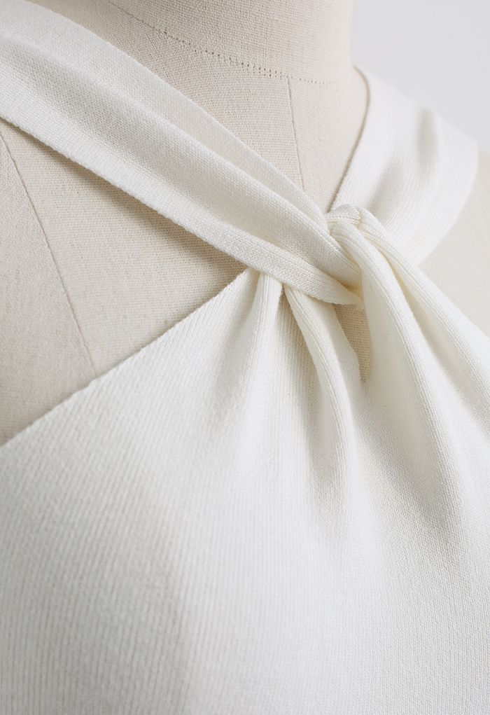 Crisscross Halter Neck Fitted Knit Dress in White