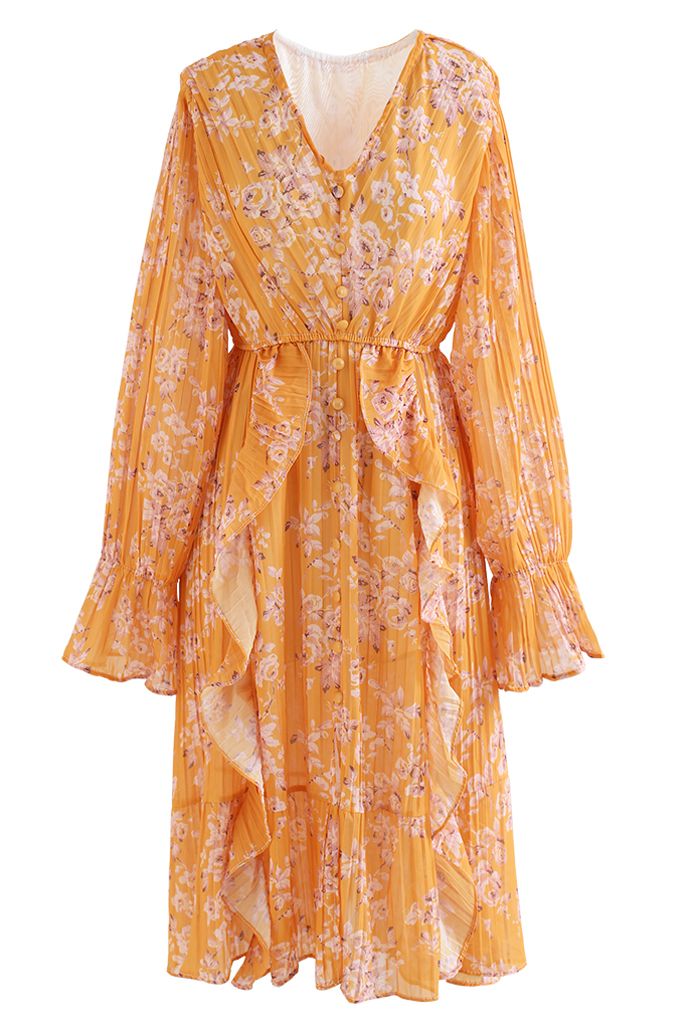 Floral Ruffle Trim Pleated Midi Dress in Orange