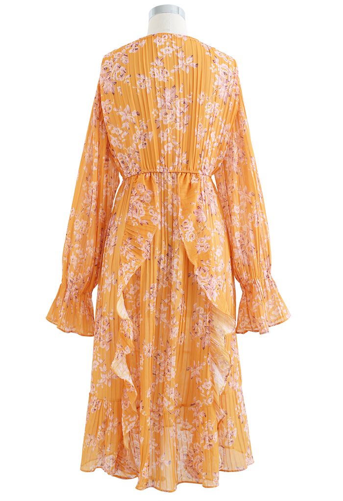 Floral Ruffle Trim Pleated Midi Dress in Orange