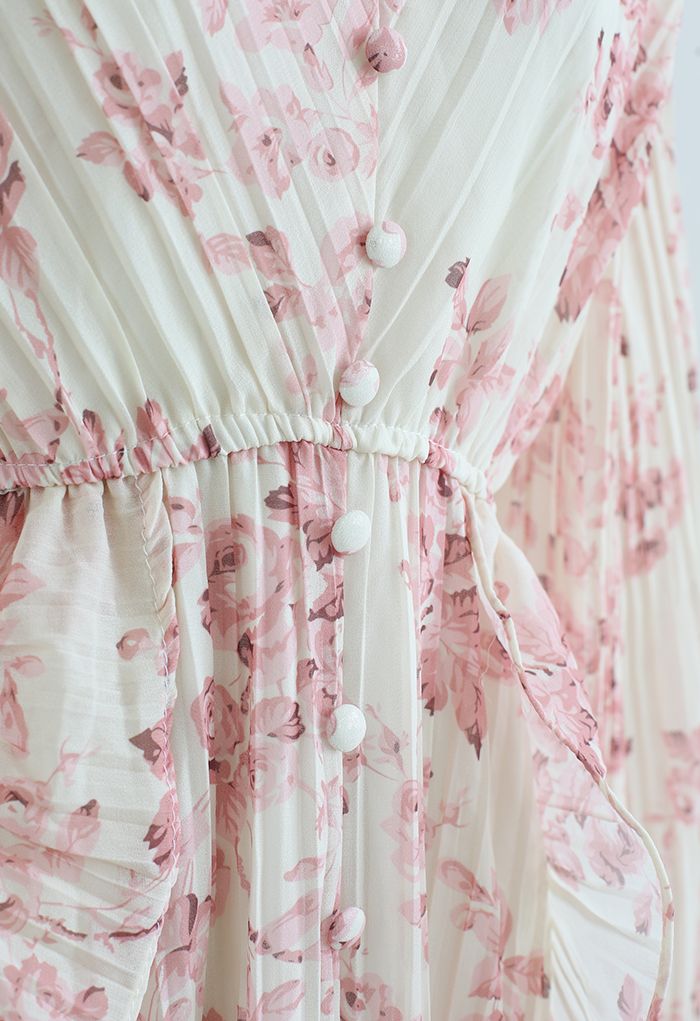 Floral Ruffle Trim Pleated Midi Dress in Cream