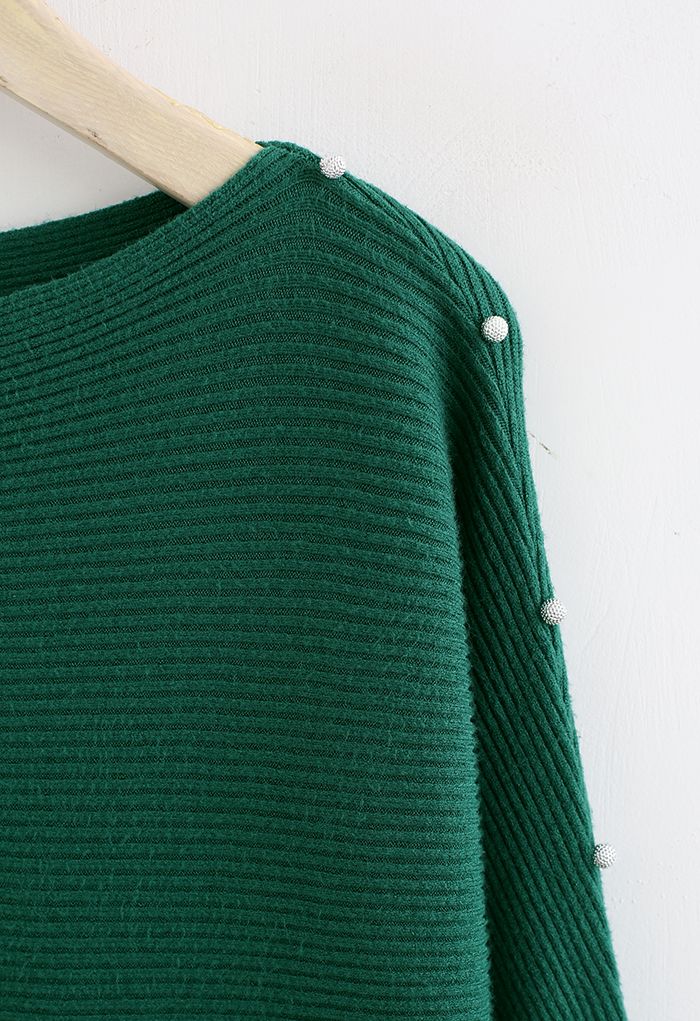 Pearly Batwing Sleeve Knit Sweater in Green
