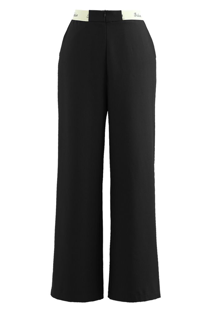 Contrast Waist Straight-Leg Pants in Black - Retro, Indie and Unique Fashion