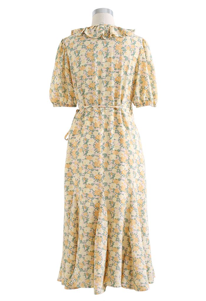 Flower Ruffle Trim Wrapped Dress in Yellow - Retro, Indie and Unique ...