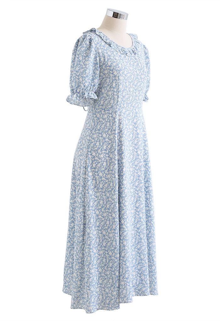 Ruffle Trim Lace-Up Back Floral Dress in Blue - Retro, Indie and Unique ...