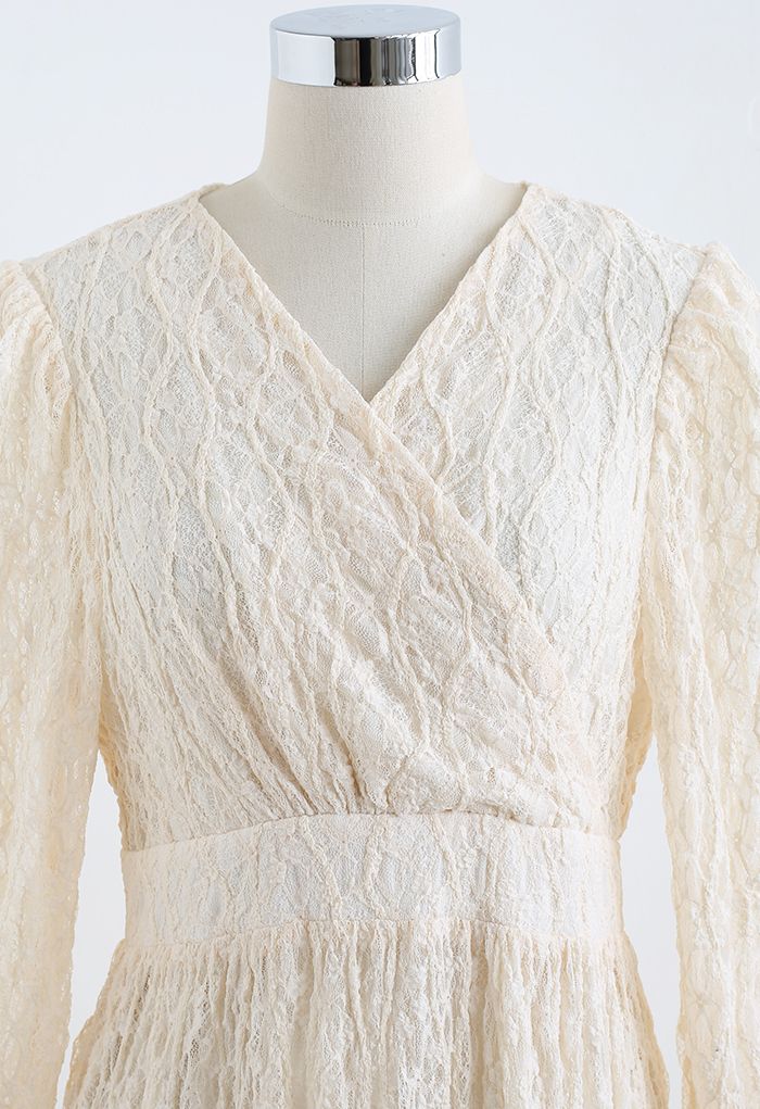 Full Lace Solid Color Wrap Dress in Cream
