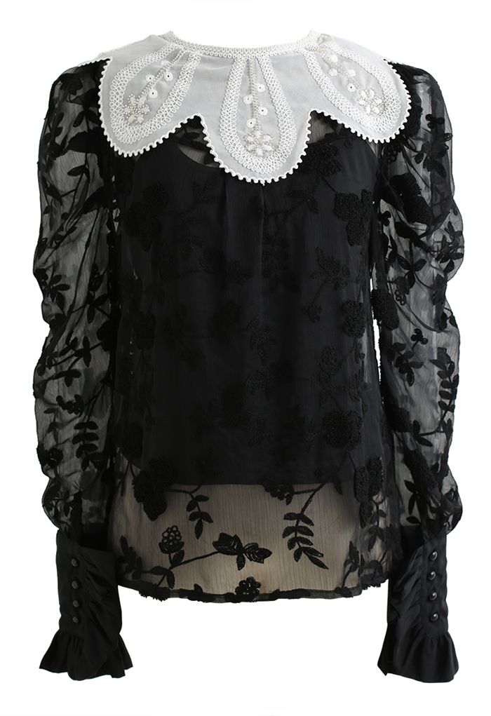 Floral Collar Embroidered Ruffle Shirt in Black