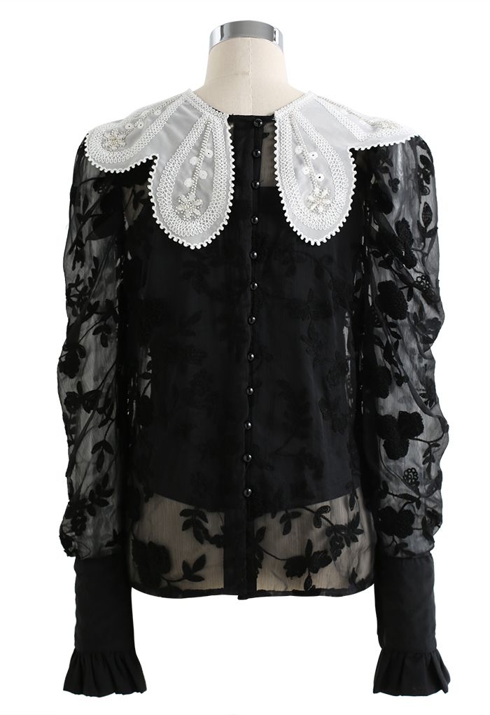 Floral Collar Embroidered Ruffle Shirt in Black